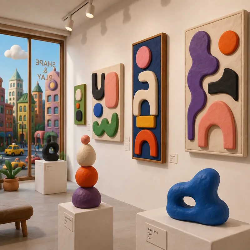 Abstrakteja taideteoksia esillä modernissa galleriatilassa