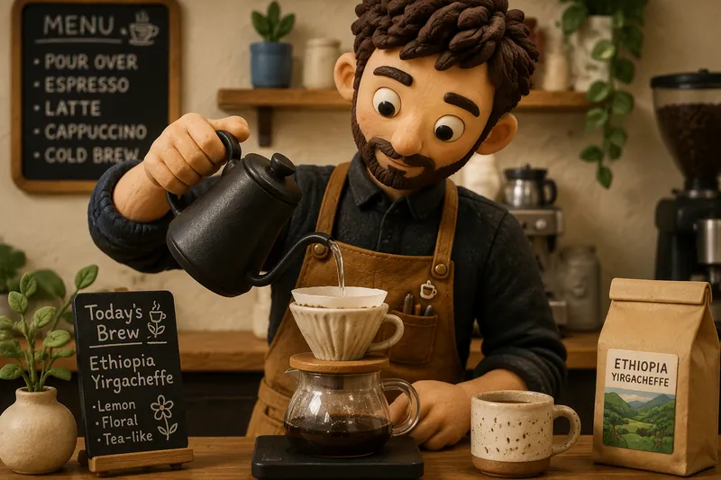 Barista valmistamassa käsityönä tehtyä suodatinkahvia kahvilassa