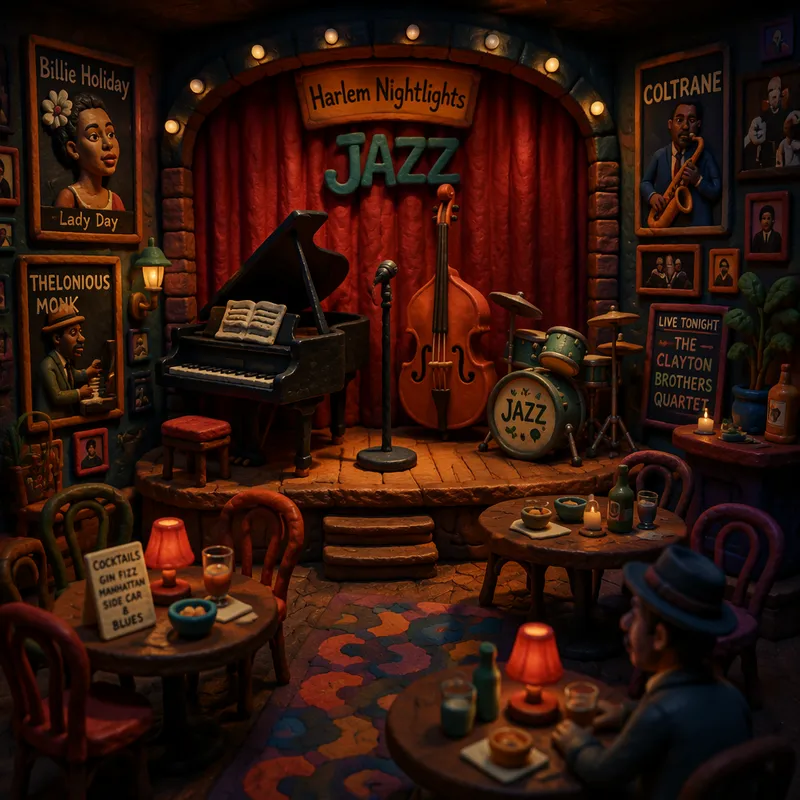 Jazz-klubin tunnelmallinen lava hämärässä valaistuksessa Jazz-klubin tunnelmallinen lava hämärässä valaistuksessa