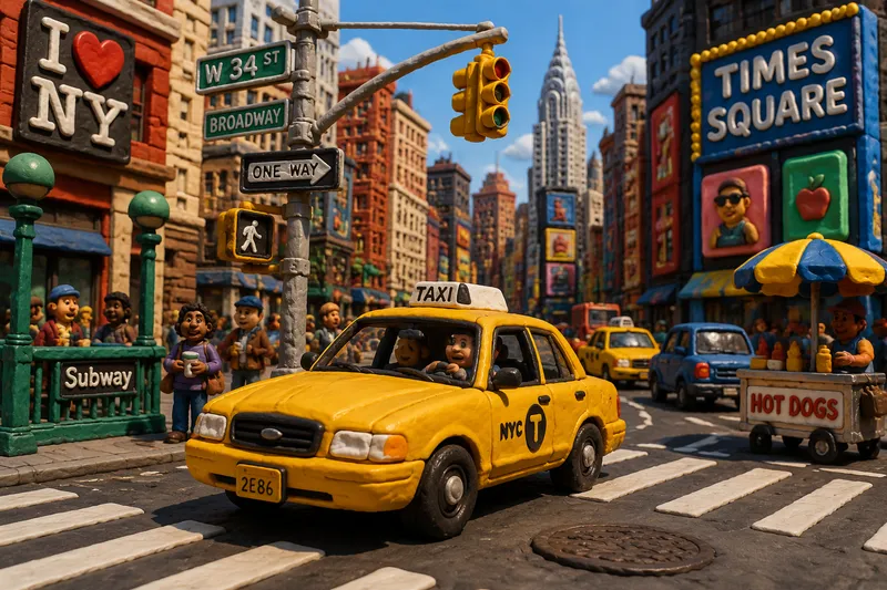 Keltainen taksi ajamassa vilkkaalla New Yorkin kadulla Keltainen taksi ajamassa vilkkaalla New Yorkin kadulla