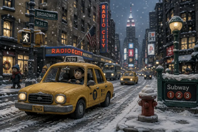 Keltainen taksi ajamassa lumisessa New Yorkissa Keltainen taksi ajamassa lumisessa New Yorkissa