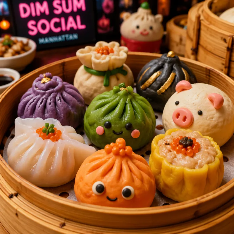 Valikoima värikkäitä dim sum -nyyttejä bambuhöyrystimessä Valikoima värikkäitä dim sum -nyyttejä bambuhöyrystimessä