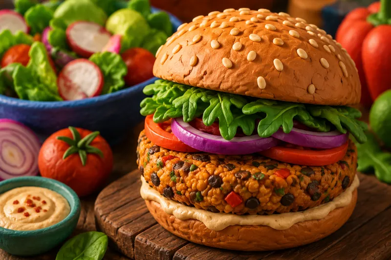 Herkullinen kasvisburgeri ja tuoretta salaattia