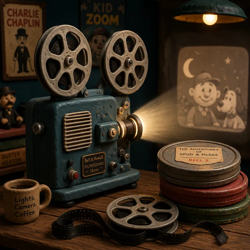 Vintage-elokuvakamera ja filmikeloja pöydällä