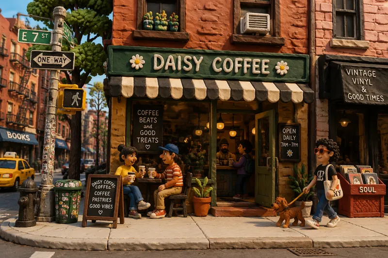 Kahvilan julkisivu vilkkaalla New Yorkin kadulla