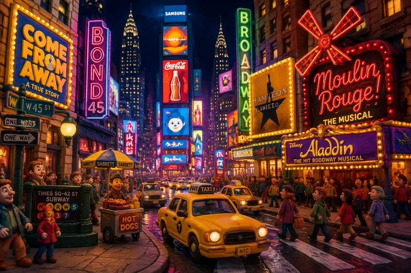 Valoisat mainoskyltit ja teatterien julkisivut Times Squarella yöllä Valoisat mainoskyltit ja teatterien julkisivut Times Squarella yöllä