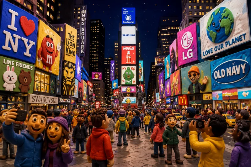 Valoisia mainostauluja ja ihmisvilinää Times Squarella yöaikaan Valoisia mainostauluja ja ihmisvilinää Times Squarella yöaikaan