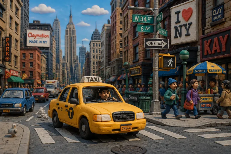 Keltainen taksi ajamassa vilkkaalla New Yorkin kadulla