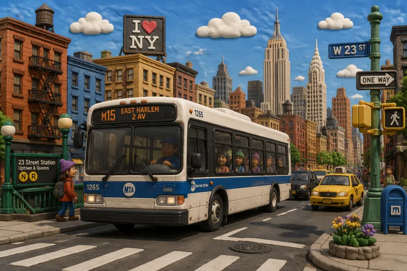 New Yorkin bussi ajamassa vilkkaalla kaupunginkadulla