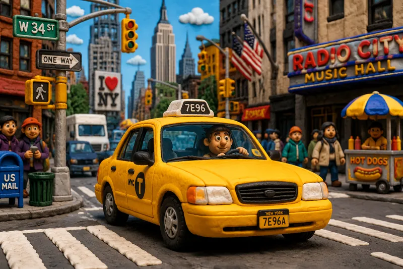 Keltainen taksi ajamassa New Yorkin kadulla Keltainen taksi ajamassa New Yorkin kadulla