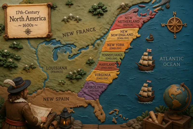 Historiallinen kartta 1600-luvun Pohjois-Amerikan siirtokunnista